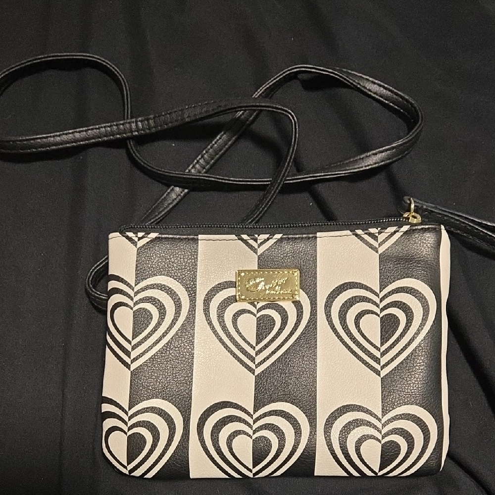 Betsey Johnson Black and White Heart Crossbody Bag